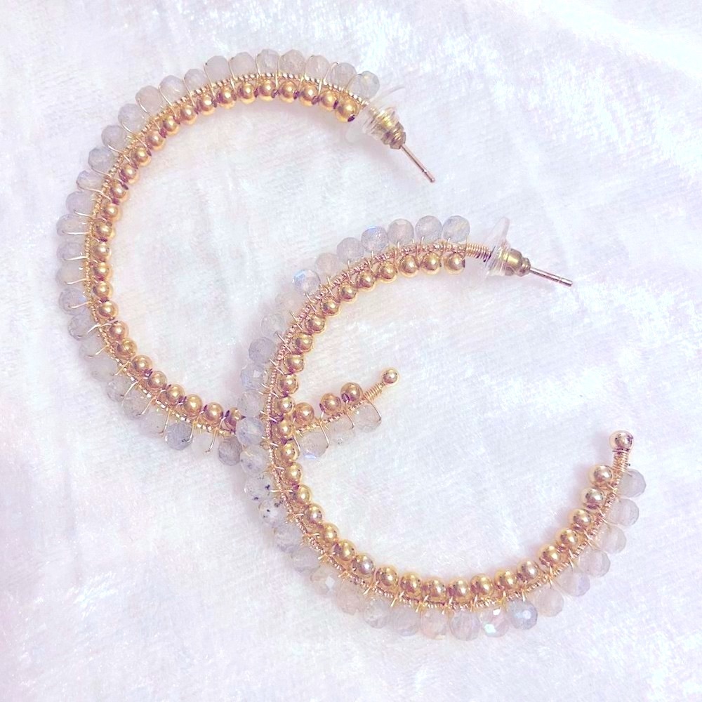 Gold Labradorite Beaded Hoop Earrings